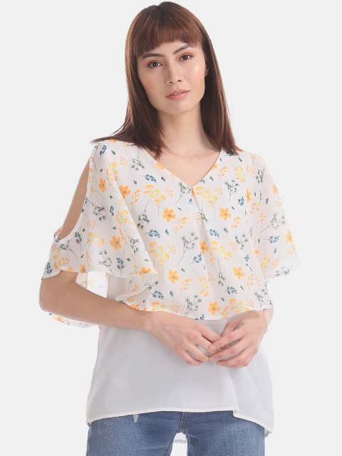 

ELLE Women White & Yellow Floral Printed Cold-Shoulder Layered Top