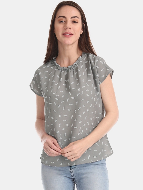 

ELLE Women Grey & White Leaf Printed Top