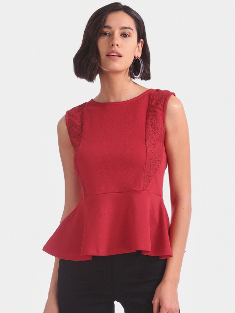 

ELLE Women Red Lace Inserts Peplum Top