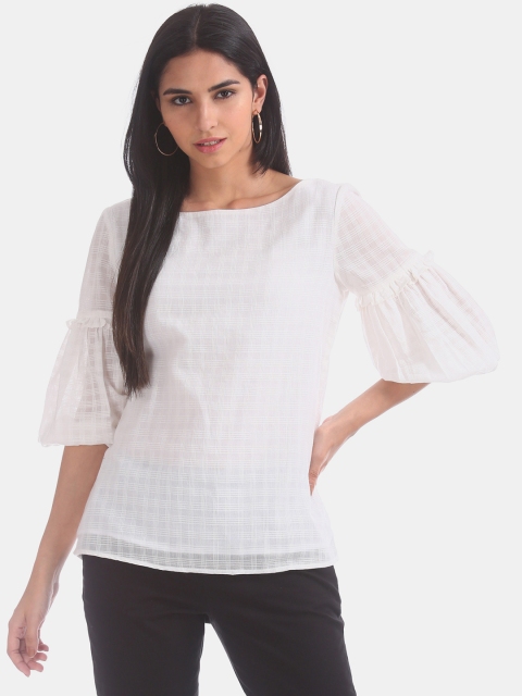 

ELLE Women Off-White Self Checked Top