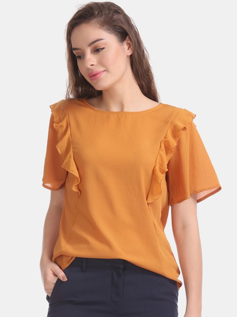

ELLE Women Orange Solid Ruffle Trim Top