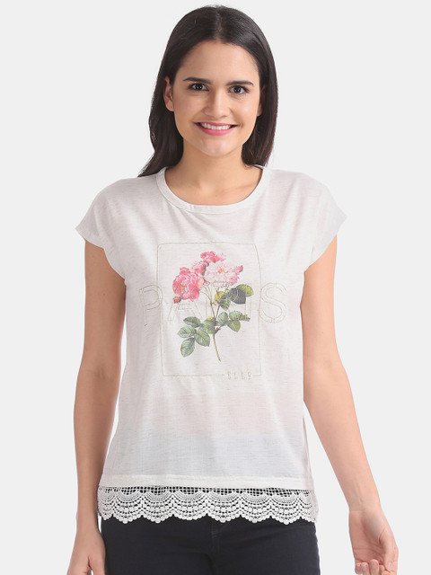 

ELLE Women Off-White & Pink Floral Print Top