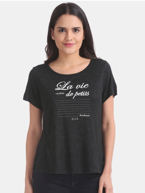 

ELLE Women Charcoal Grey & White Printed Round Neck T-shirt