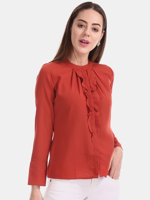 

ELLE Women Red Solid Ruffle Detail Top