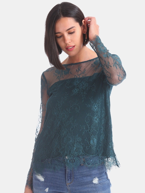 

ELLE Women Teal Blue Semi-Sheer Lace Top