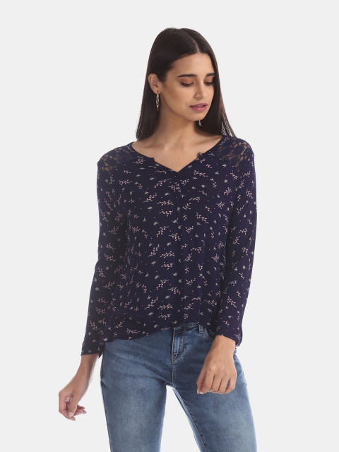 

ELLE Women Navy Blue & Off-White Printed Top