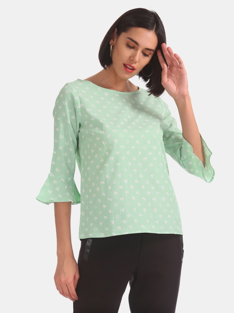 

ELLE Women Green & White Printed Top