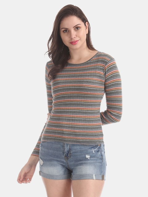 

Sugr Women Grey & Orange Striped Fitted Top