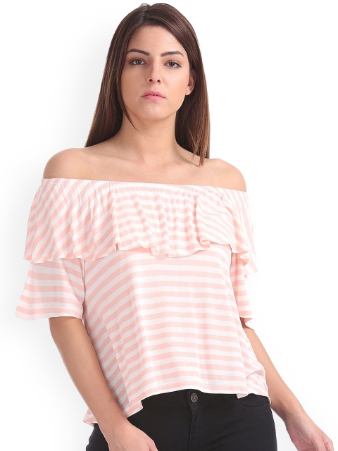 

Sugr Women Pink & White Striped Bardot Top