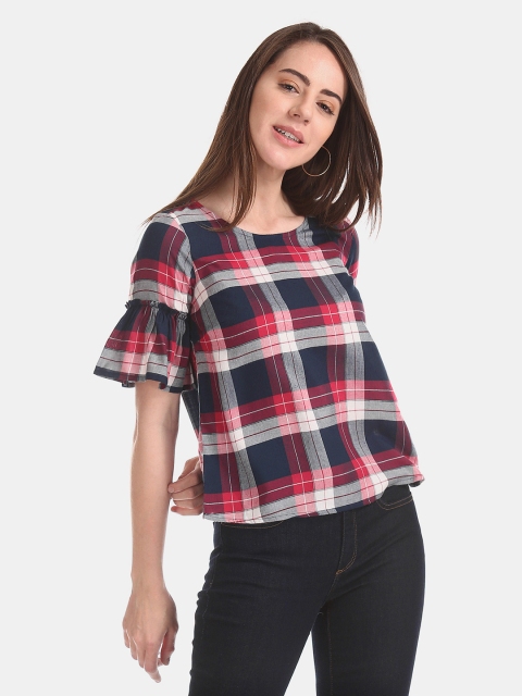 

Sugr Women Navy & Red Checked A-Line Top, Navy blue