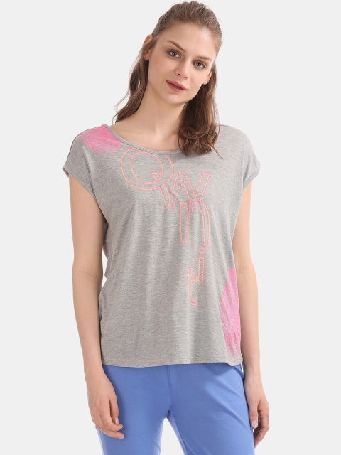 

Sugr Women Grey Melange & Pink Printed Round Neck T-shirt