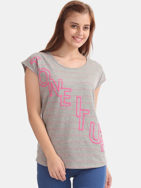 

Sugr Women Grey Melange Striped T-Shirt