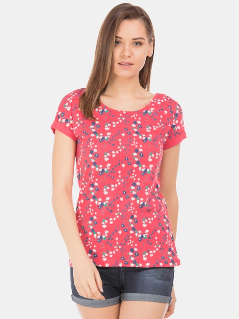

Sugr Women Coral Red Floral Print Styled Back Pure Cotton Top