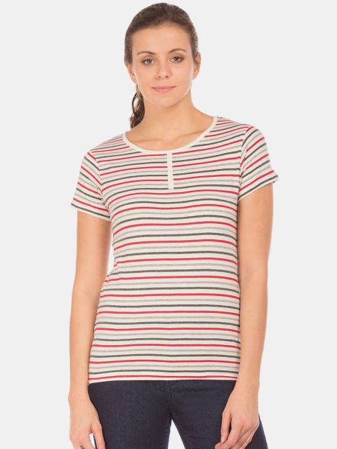

Sugr Women Off- White & Red Striped T-Shirt