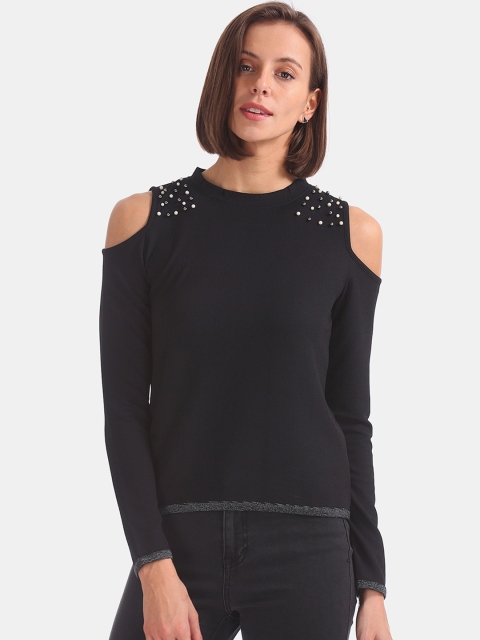 

Sugr Women Black Solid Embellished Cold Shoulder Top