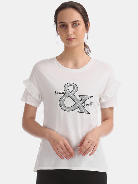 

Sugr Women White Printed A-Line Studded RuffledPure Cotton Top