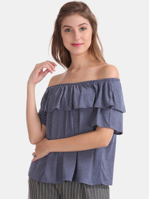 

Sugr Women Blue Solid Gathered Bardot Top