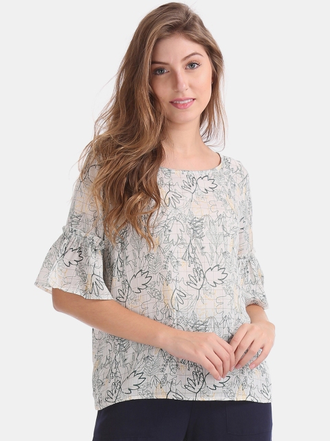 

Sugr Women Cream-Coloured & Green Printed Top