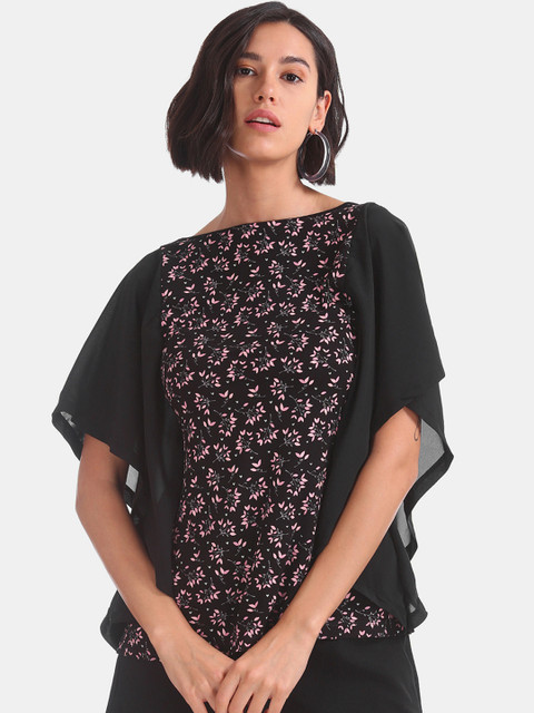 

Sugr Women Black Floral Printed Flutter Sleeves Top