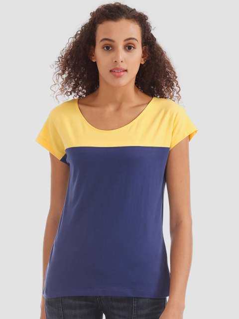 

Sugr Women Navy Blue & Yellow Colourblocked Round Neck T-Shirt