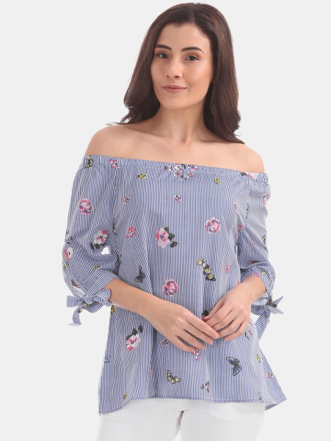 

Sugr Women Blue & White Striped Bardot Top