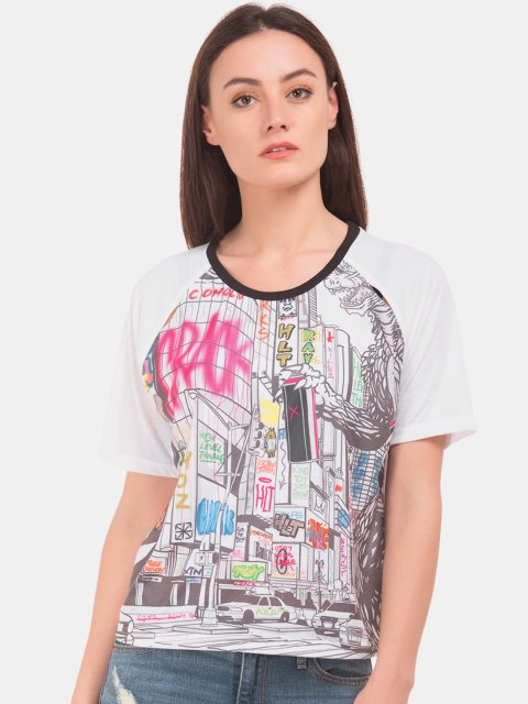 

Sugr Women Off-White Printed Round Neck T-shirt