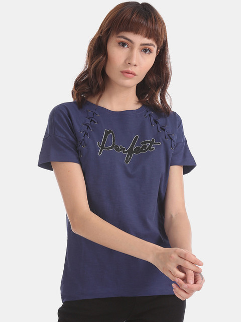 

Sugr Women Blue Mock Lace Up Embellished Pure Cotton Top