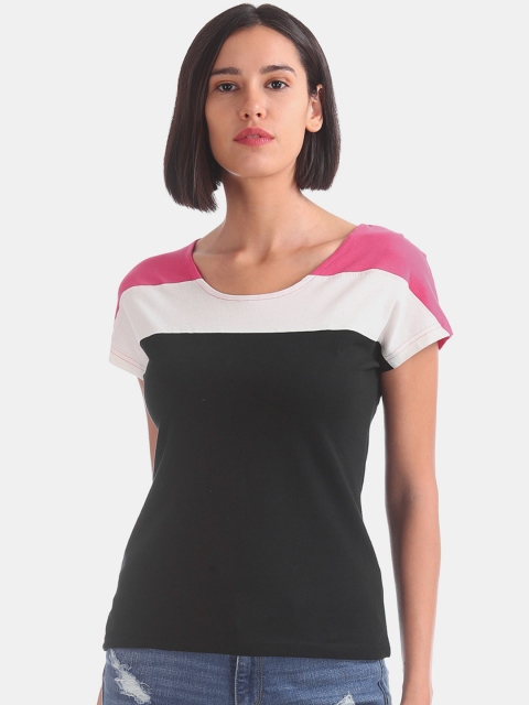 

Sugr Women Black& Pink Colourblocked Pure Cotton Top