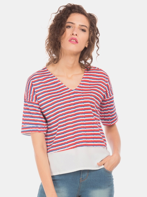 

Sugr Women Red and Blue Striped Pure Cotton Top