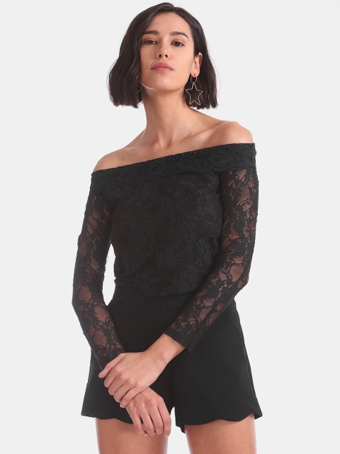 

Sugr Women Black Self Design Bardot Top