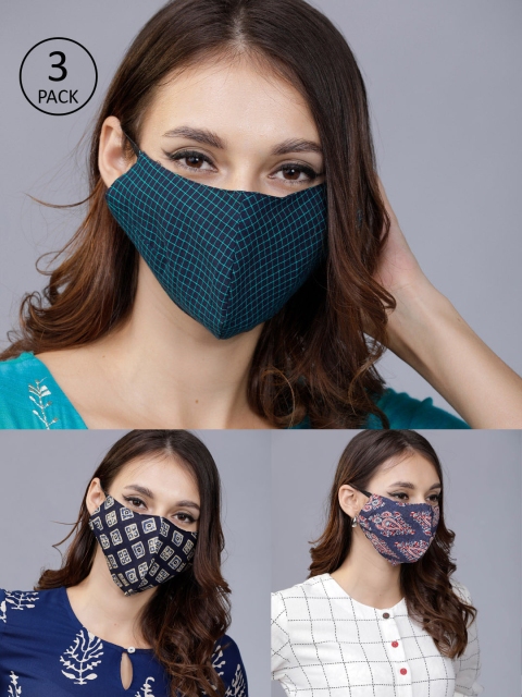 

Vishudh Women 3 Pcs Printed 2-Ply Reusable Outdoor Fabric Masks, Navy blue