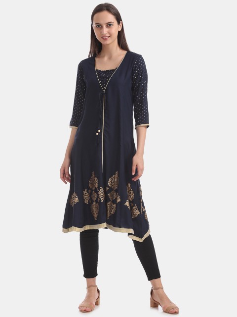 

Anahi Women Navy Blue & Golden Printed Asymmetric Anarkali Kurta