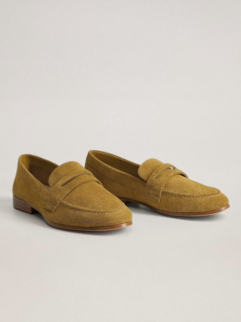 

MANGO Women Olive Brown Leather Solid Loafers