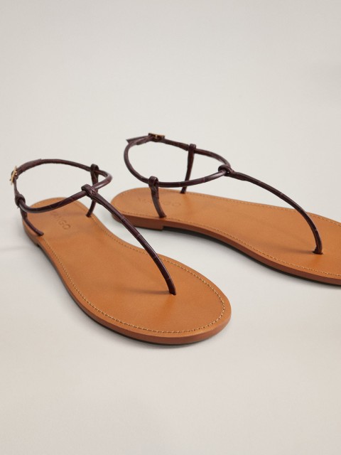 

MANGO Women Coffee Brown Croc Textured Leather T-Strap Flats