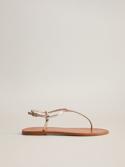 

MANGO Women Gold-Toned Solid Leather T-Strap Flats