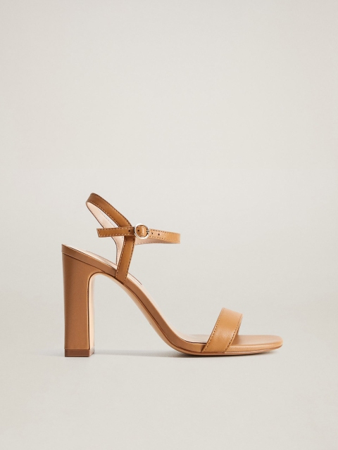 

MANGO Women Tan Brown Solid Leather Block Heels