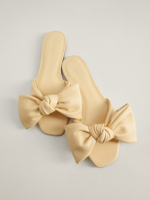 

MANGO Women Cream-Coloured Bow-Detail Open Toe Flats