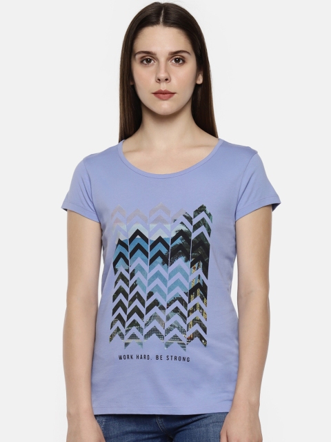

Ajile by Pantaloons Women Blue Printed Round Neck Pure Cotton T-shirt