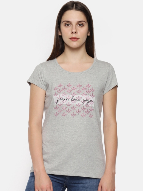 

Ajile by Pantaloons Women Grey Melange Printed Round Neck Pure Cotton T-shirt