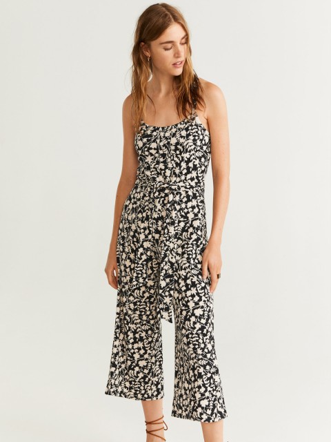 

MANGO Women Black & Off-White Floral Print Capri Jumpsuit