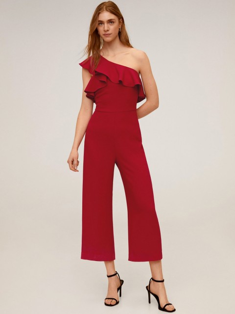

MANGO Women Red Solid One-Shoulder Cropped Basic Jumpsuit