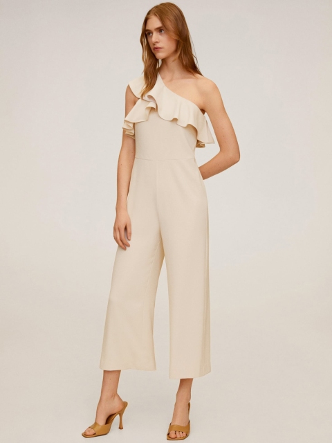 

MANGO Women Off-White Solid One-Shoulder Cropped Basic Jumpsuit