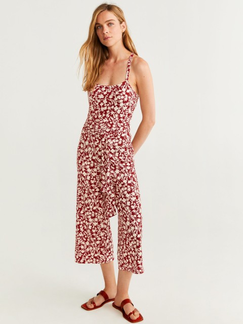 

MANGO Women Burgundy & Off-White Floral Print Capri Jumpsuit