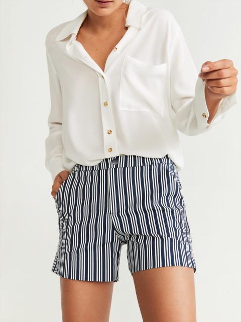 

MANGO Women Navy & White Striped Regular Shorts, Navy blue
