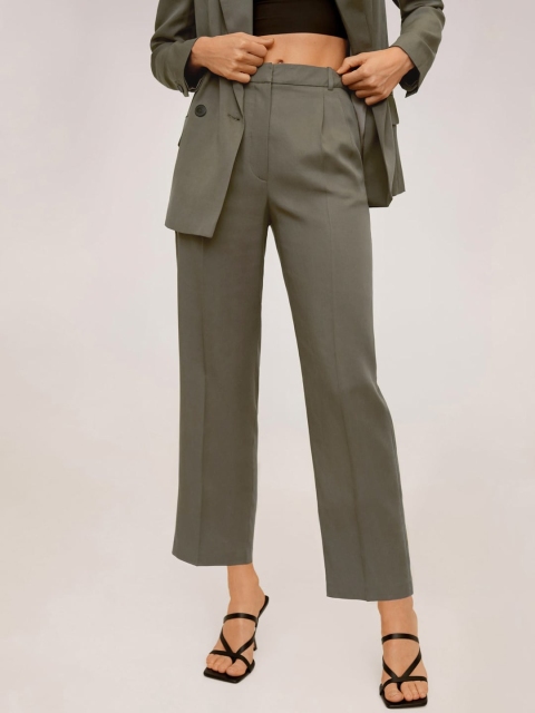 

MANGO Women Olive Green Regular Fit Solid Cropped Formal Sustainable Trousers