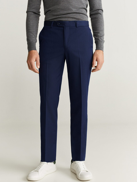 

MANGO MAN Men Navy Blue Super Slim Fit Solid Regular Trousers