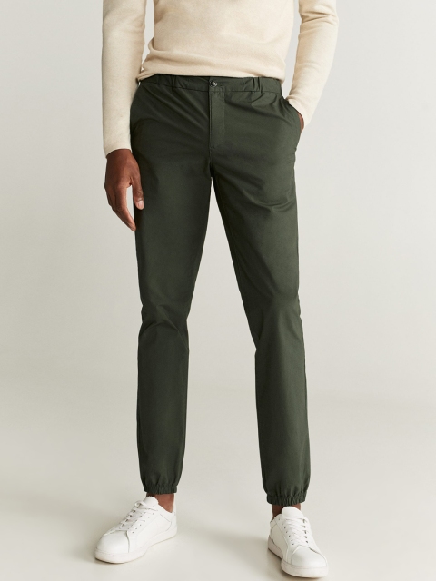 

MANGO MAN Olive Green Straight Fit Solid Cropped Joggers