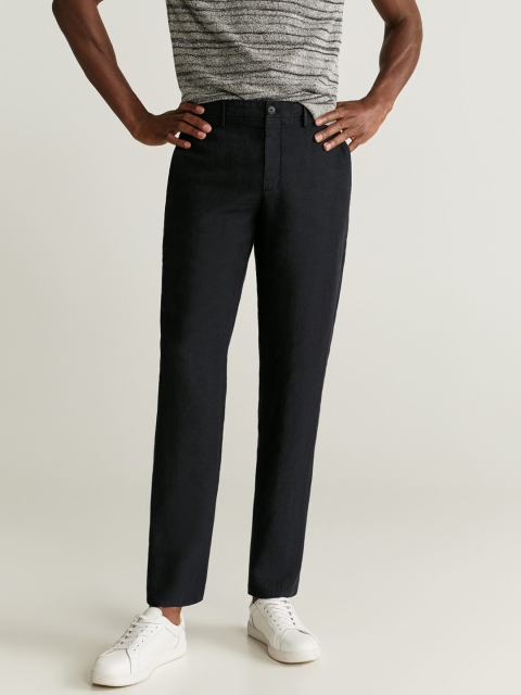 

MANGO MAN Black Slim Fit Linen Solid Trousers
