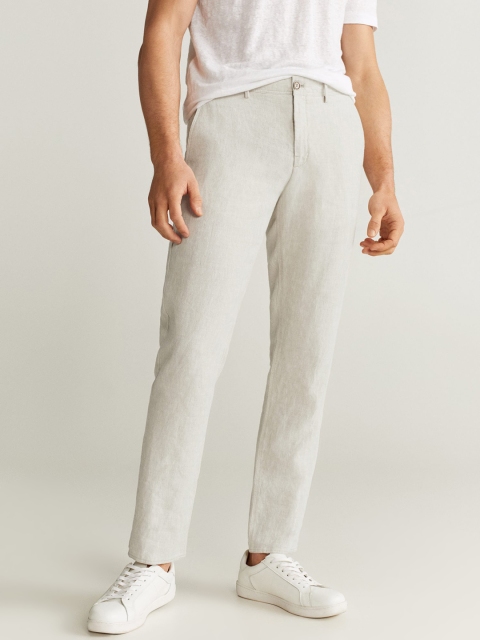 

MANGO MAN Men Off-White Slim Fit Linen Solid Regular Trousers