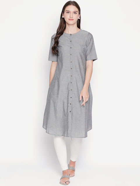 

RANGMANCH BY PANTALOONS Women Charcoal Grey Solid A-Line Kurta